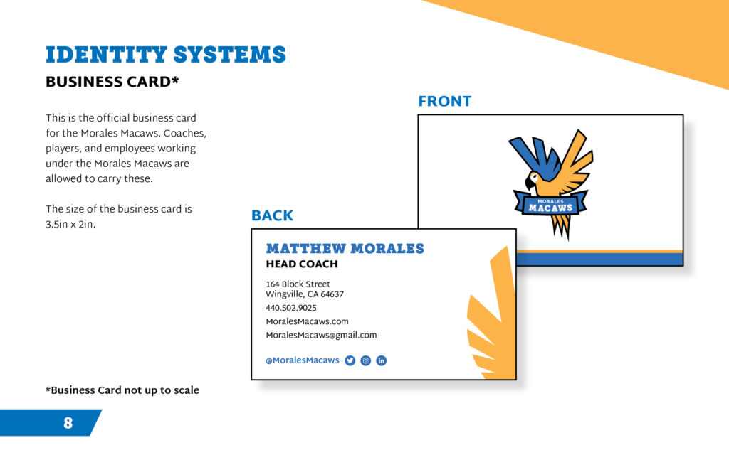 Page displays the design. of the Morales Macaws business card