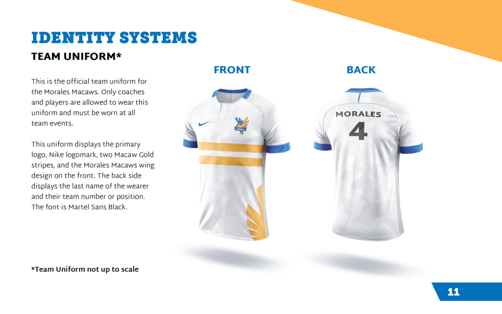 Page displays the design of the Morales Macaws team uniform for the front and backside.