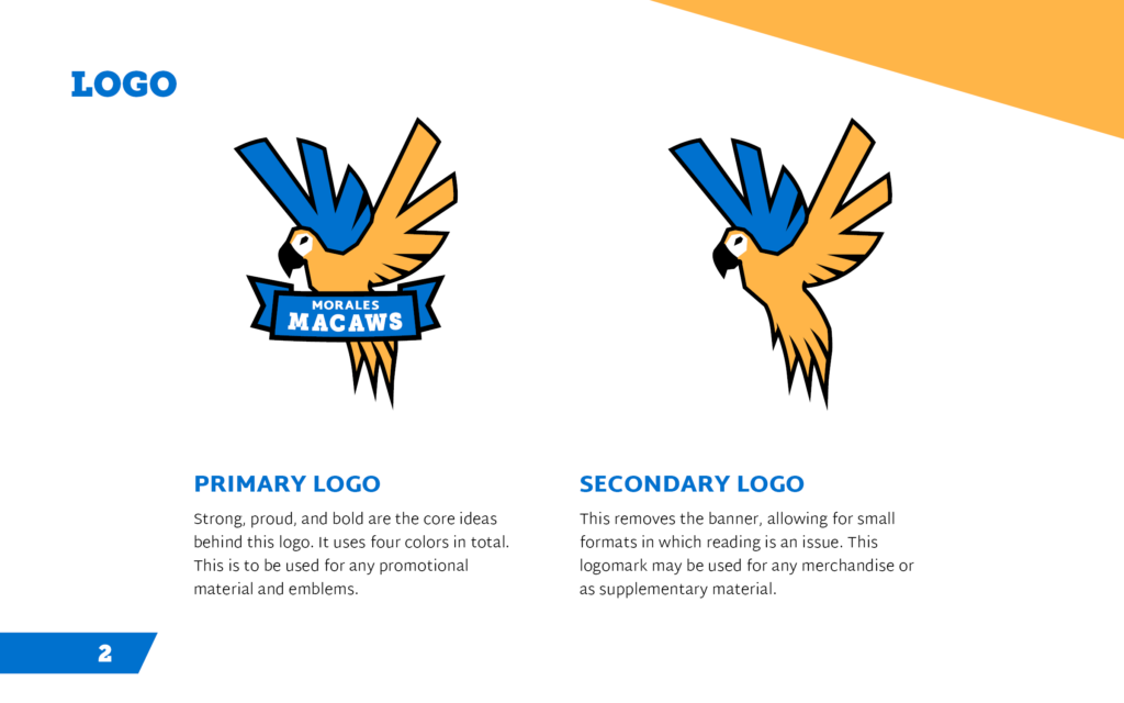 Page displays the primary and secondary logo of the Morales Macaws with a short description for each.