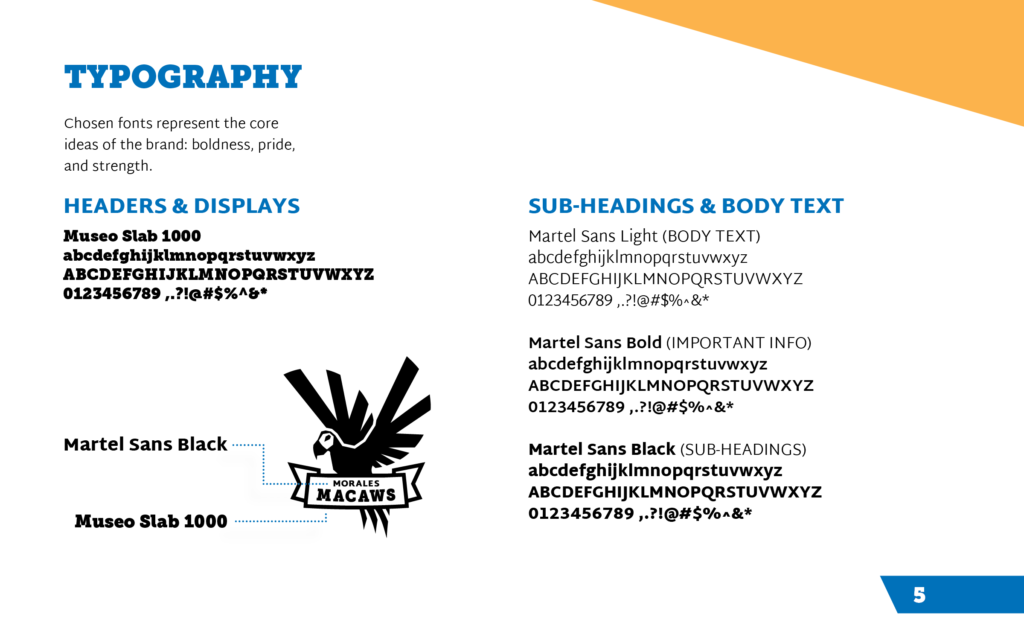 Page displays fonts that are used for the Morales Macaws brand.