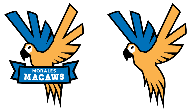 Primary and Secondary logo of Morales Macaws. Features a gold and blue macaw with its wings spread out wide in the primary logo. The secondary logo has no ribbon and text.
