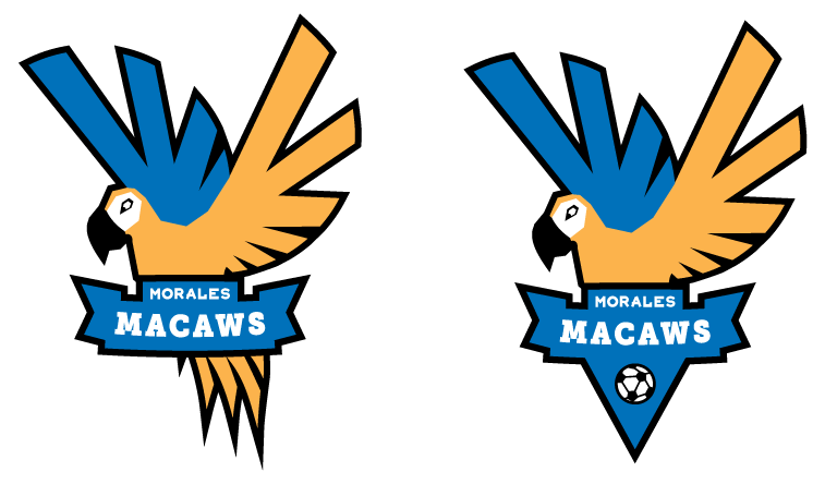 Two older versions of the Morales Macaws logo that feature different ribbon designs.