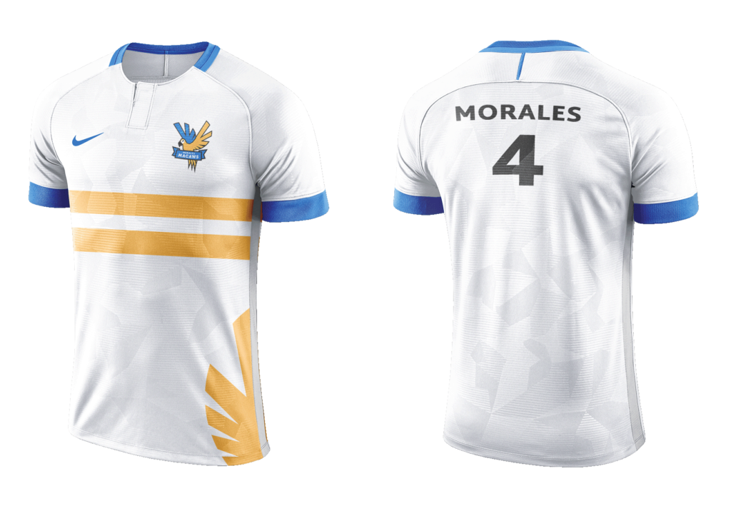 Soccer team uniform for the Morales Macaws. Includes Nike logo, Morales Macaws logo, two gold stripes, and a golden wing along the bottom of the shirt.