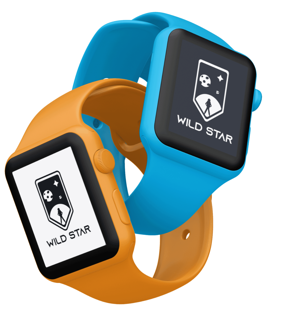 Black and white versions of Wild Star logo displayed on orange and blue Apple watches.