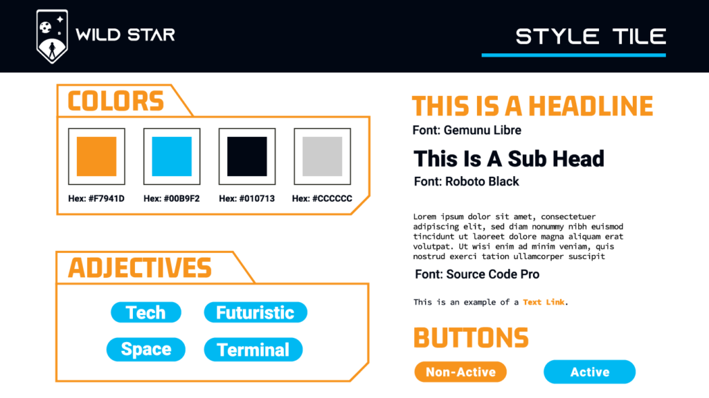 Wild Star Style Tile detailing color usage, fonts, and overall styling.