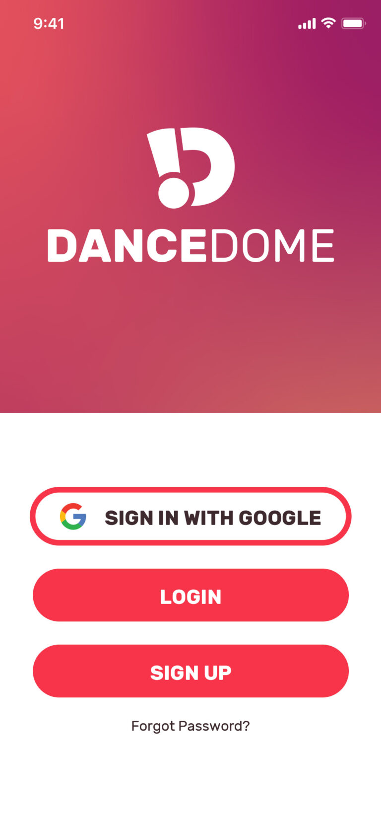 Login screen for Dance Dome app with Google Sign In button, Login button, and Sign Up button.